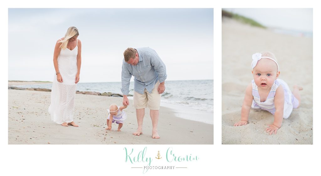 A baby crawls on the shore | Kelly Cronin Photography | Cape Cod Family Photographer