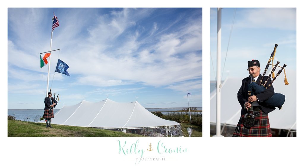 A man plays bagpipes | Kelly Cronin Photography | Cape Cod Wedding Photographer