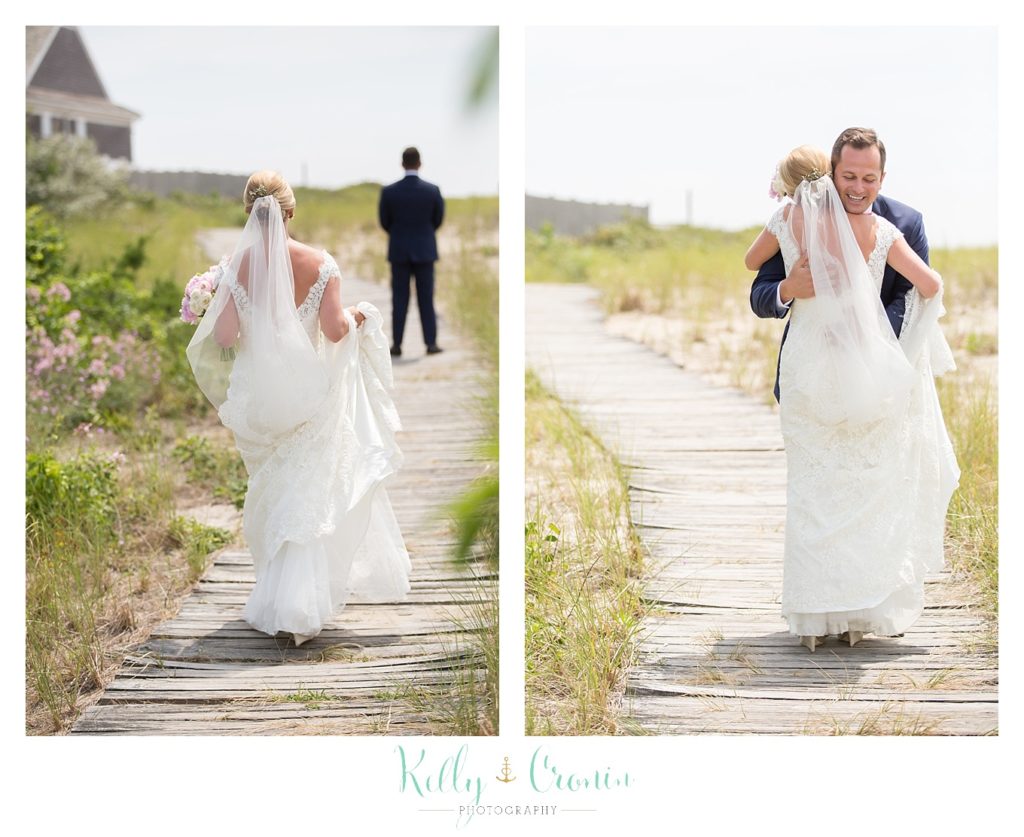 A bride runs to her groom  | Kelly Cronin Photography | Cape Cod Wedding Photographer