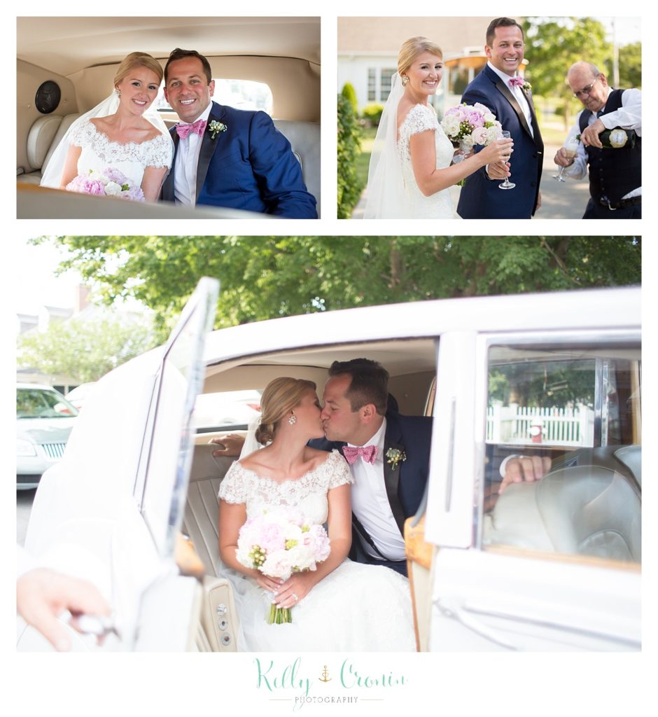 A couple rides in a car  | Kelly Cronin Photography | Cape Cod Wedding Photographer