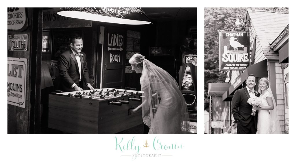 A bride and groom play a game  | Kelly Cronin Photography | Cape Cod Wedding Photographer