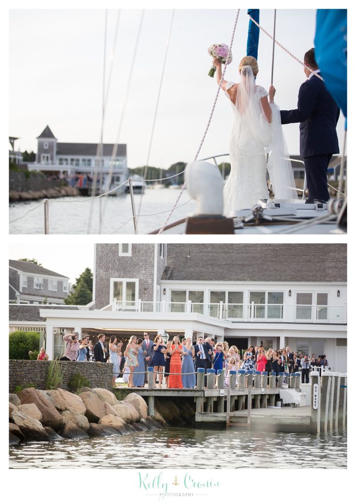 A couple arrive at their wedding party  | Kelly Cronin Photography | Cape Cod Wedding Photographer