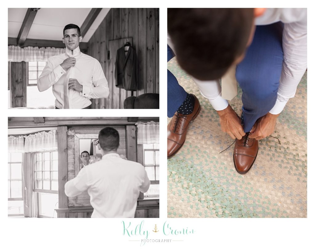 A man ties his shoes | Kelly Cronin Photography | Cape Cod Wedding Photographer