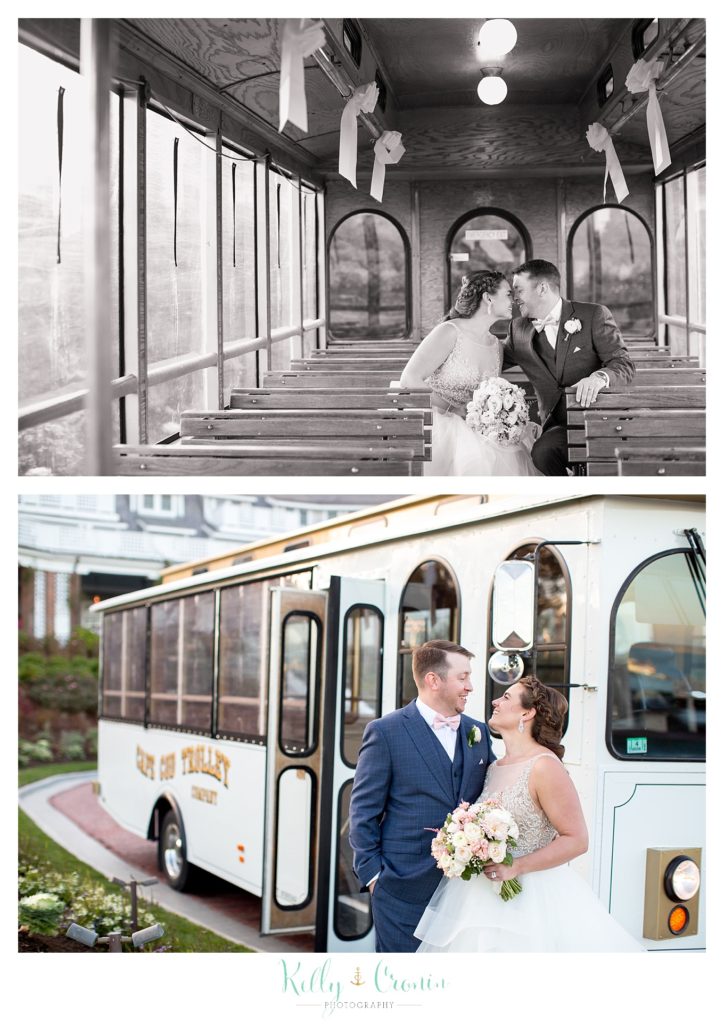 A couple kiss on a bus | Kelly Cronin Photography | Cape Cod Wedding Photographer