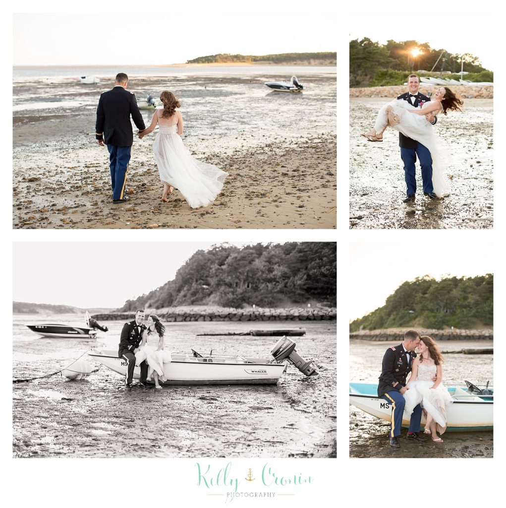 A newlywed couple play on the beach | Wedding Photographer in Cape Cod | Kelly Cronin Photography