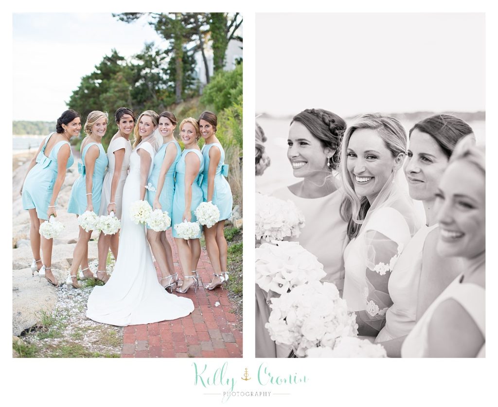A bridal party celebrates the bride's Romance in Cape Cod. | Captured by Kelly Cronin Photography