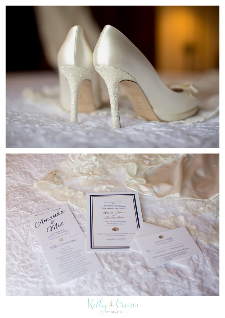 Wedding shoes await the big day wedding held at the White Cliffs Country club and captured by Kelly Cronin Photography