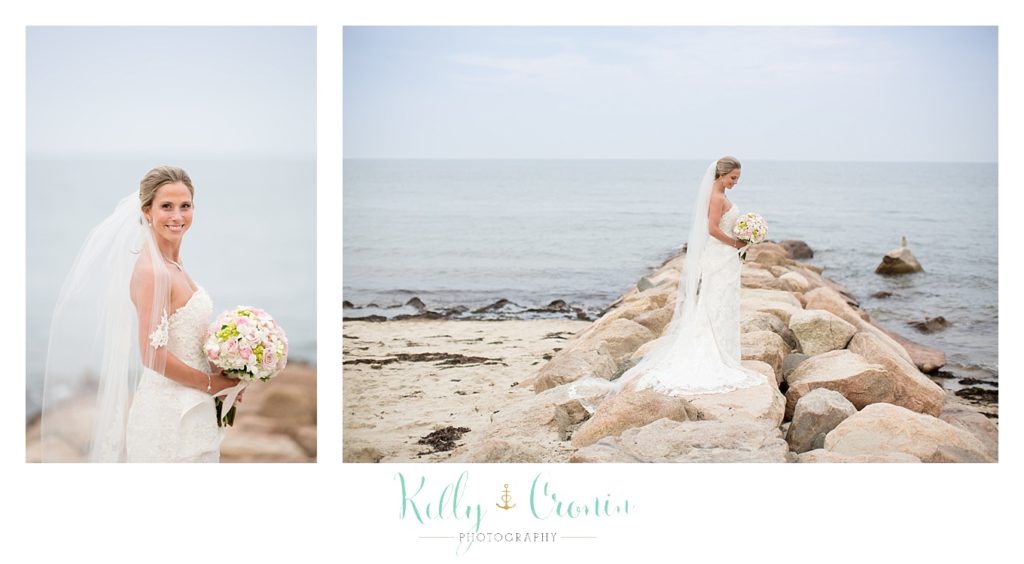 A bride climbs the cliffs, wedding held at the White Cliffs Country club and captured by Kelly Cronin Photography