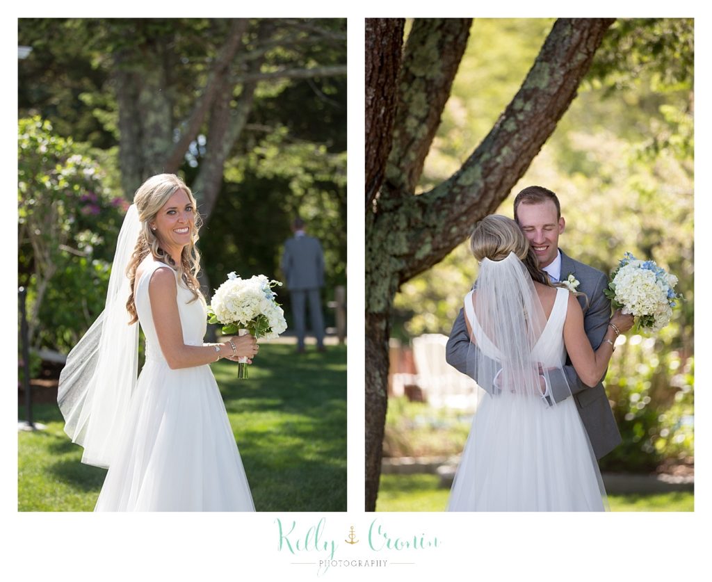 A couple hug before a ceremony at The Dennis Inn, captured by Kelly Cronin Photography