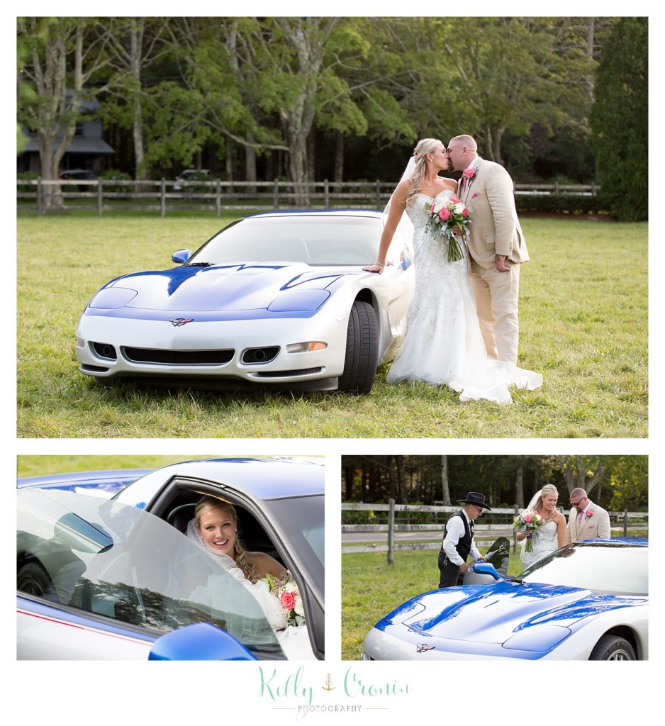 A newlywed couple drive off in a sports car | Kelly Cronin Photography | CJ's Ranch