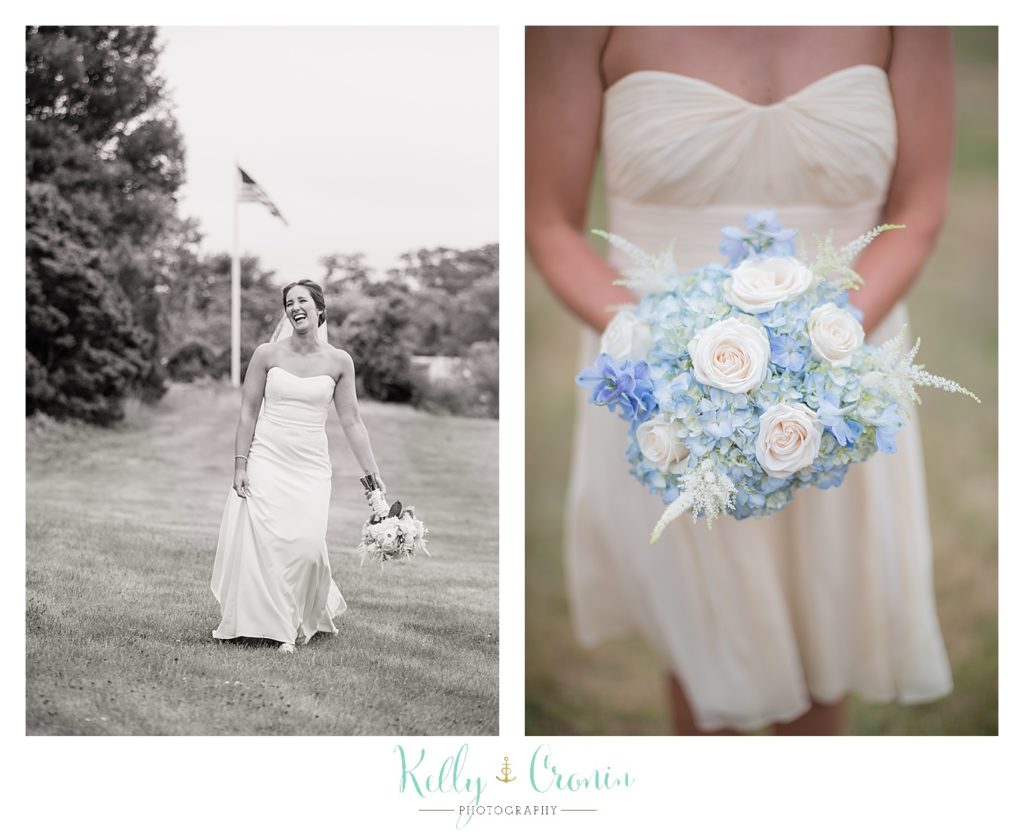 A woman holds her bridal bouquet | Kelly Cronin Photography | Lighthouse Beach