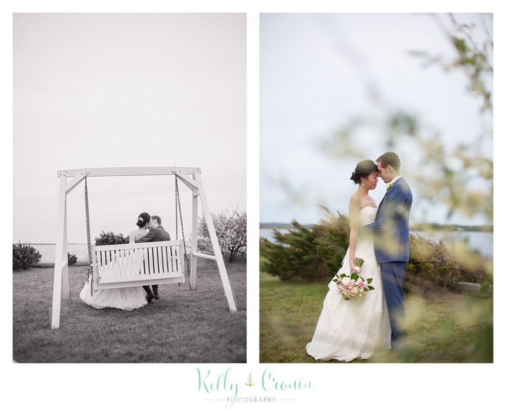A bride and groom sit on a swing | Kelly Cronin | Wing's Neck Light 