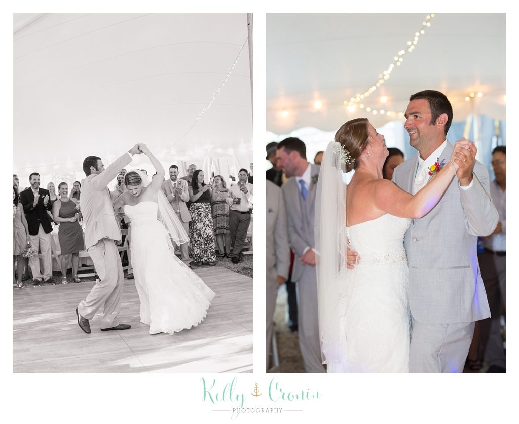 A bride and groom dance  | Kelly Cronin Photography | Oyster River Landing