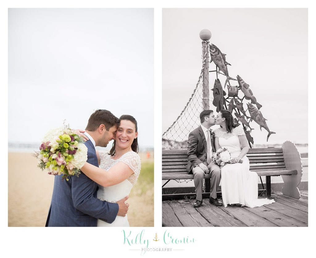 A newlywed couple kiss on a pier | Kelly Cronin Photography | Pilgrim Monument