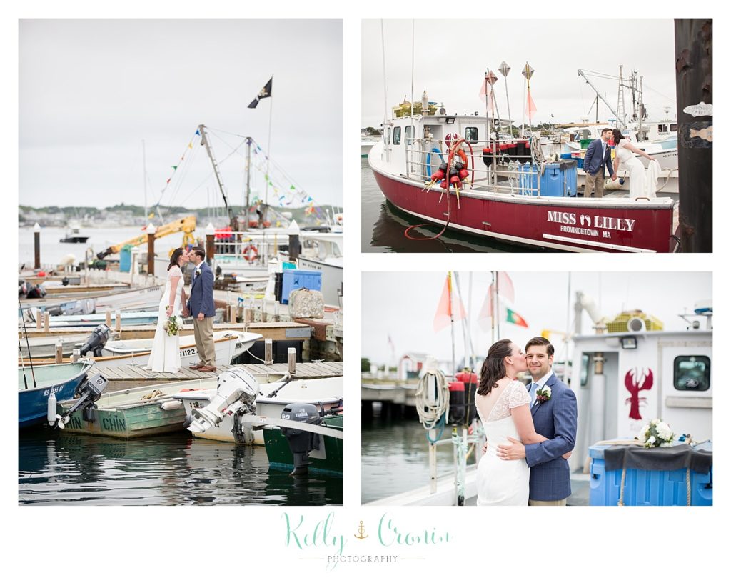 A bride and groom board a boat | Kelly Cronin Photography | Pilgrim Monument