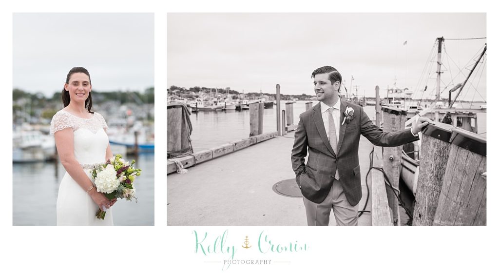 A groom poses on a pier | Kelly Cronin Photography | Pilgrim Monument