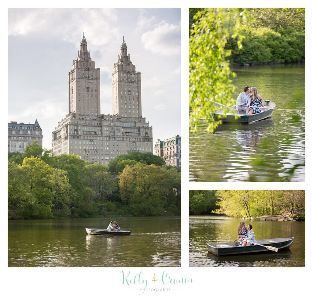 An engaged couple take a ride on a boat  | Kelly Cronin Photography | NYC Engagement Shoot