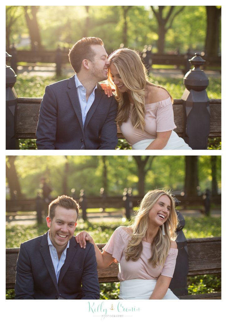 A couple laugh together  | Kelly Cronin Photography | NYC Engagement Shoot