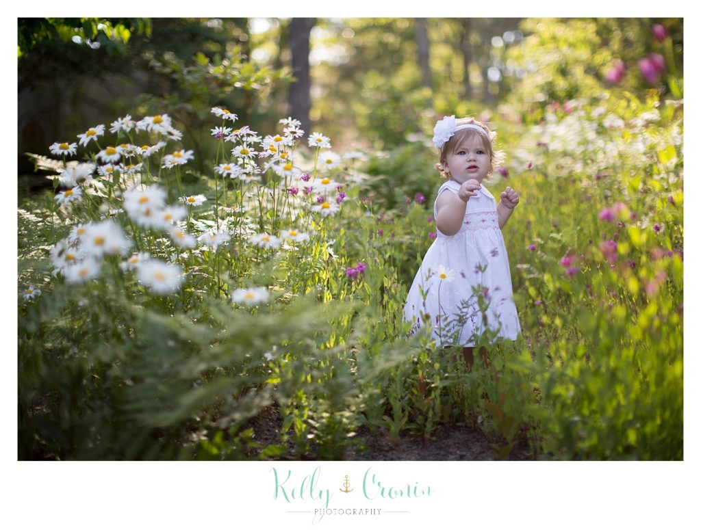 A girl plays in some flowers for some family mini sessions. 