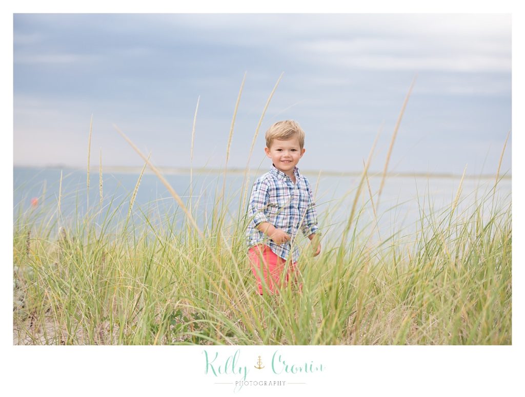 A little boy stands in the grass during his family photographs in Cape Cod. 