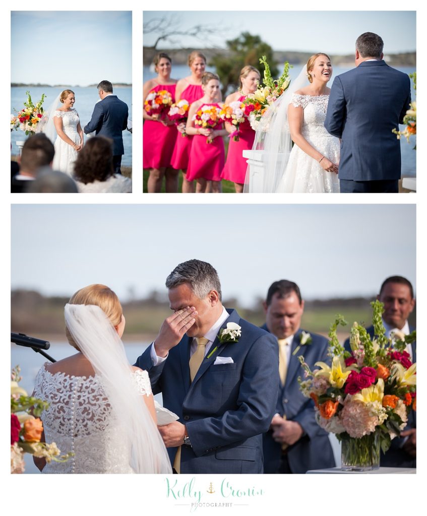 A couple exchange vows at their wedding. 