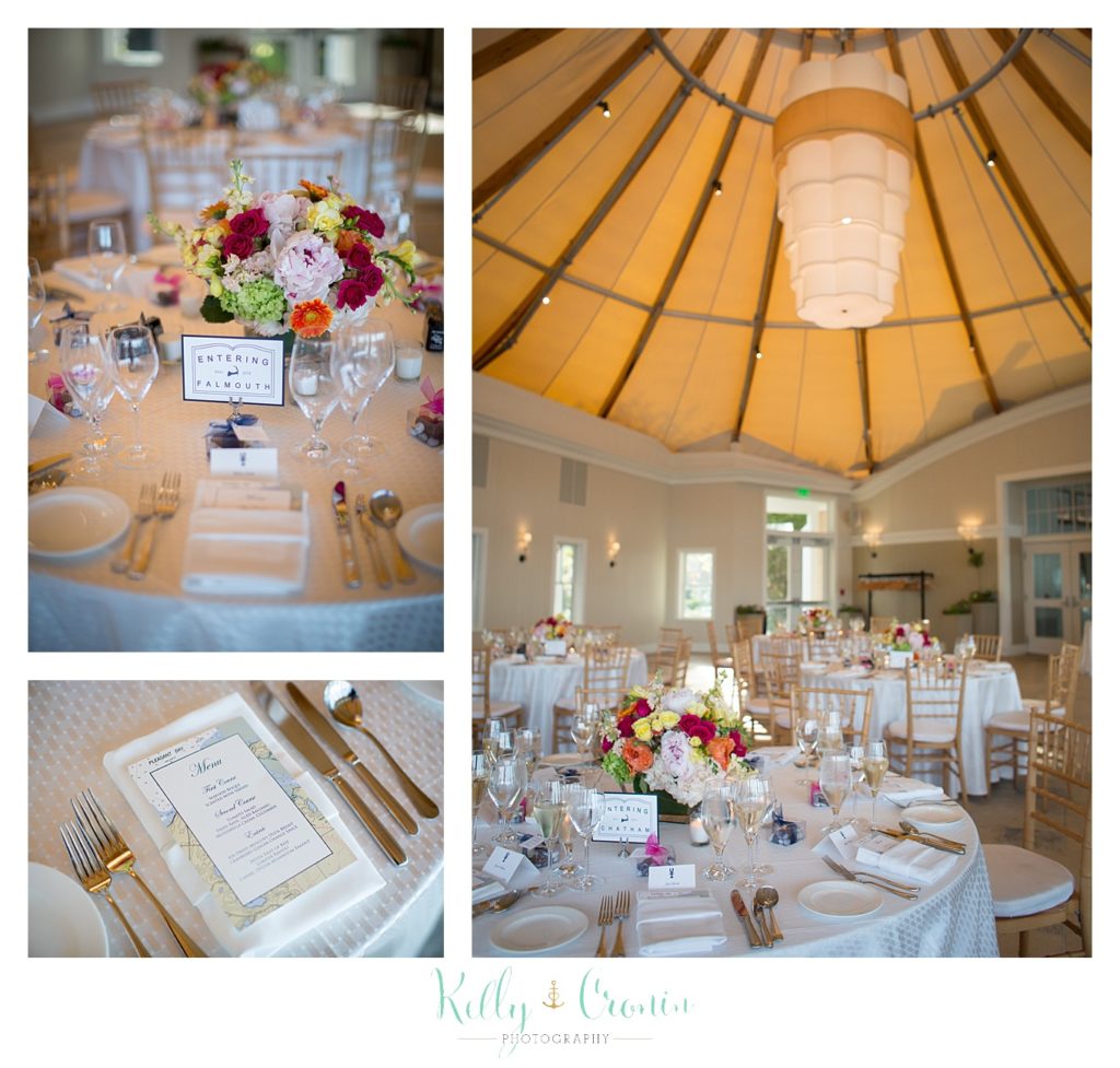A venue is decorated for a Wequassett Inn Wedding | Kelly Cronin Photography. 