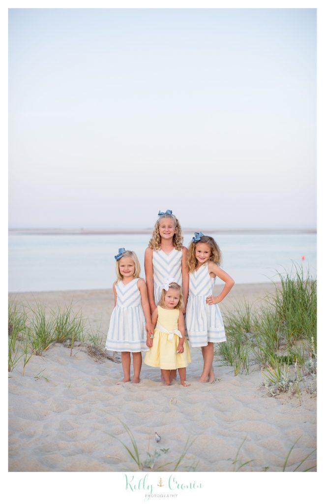 Four small girls stand on the shore, posing for a photograph. 