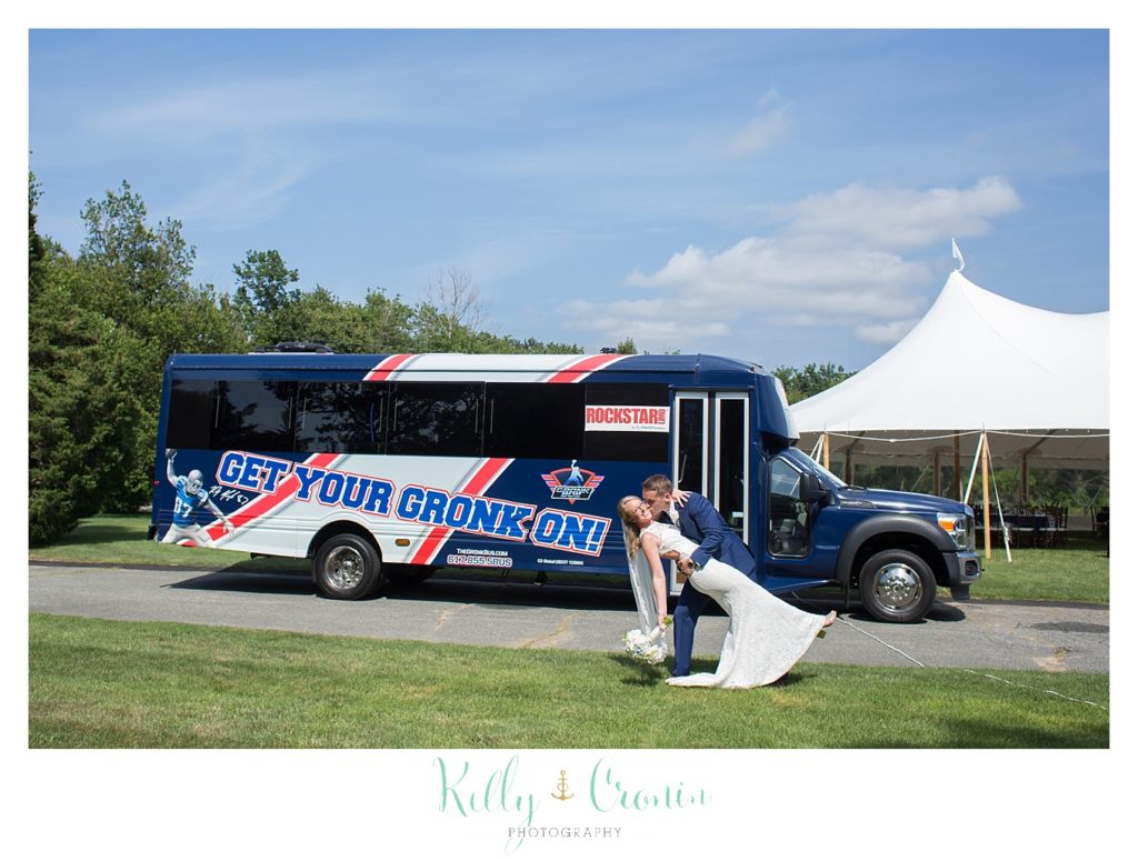 A bride surprises her groom with the Gronk Party Bus. 
