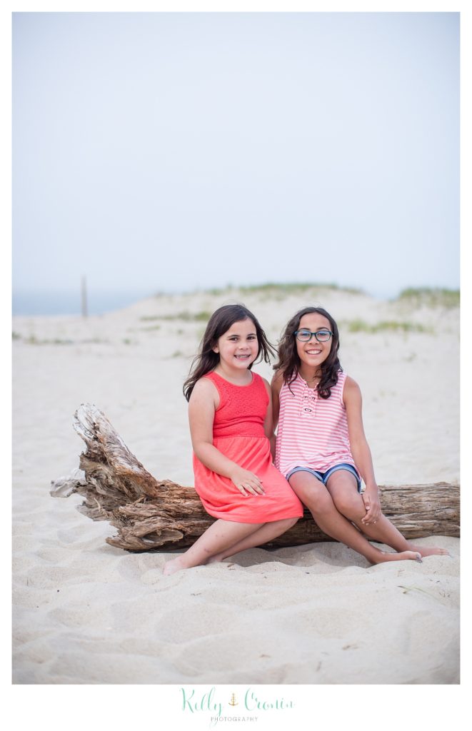 Two sister sit on a piece of driftwood. 