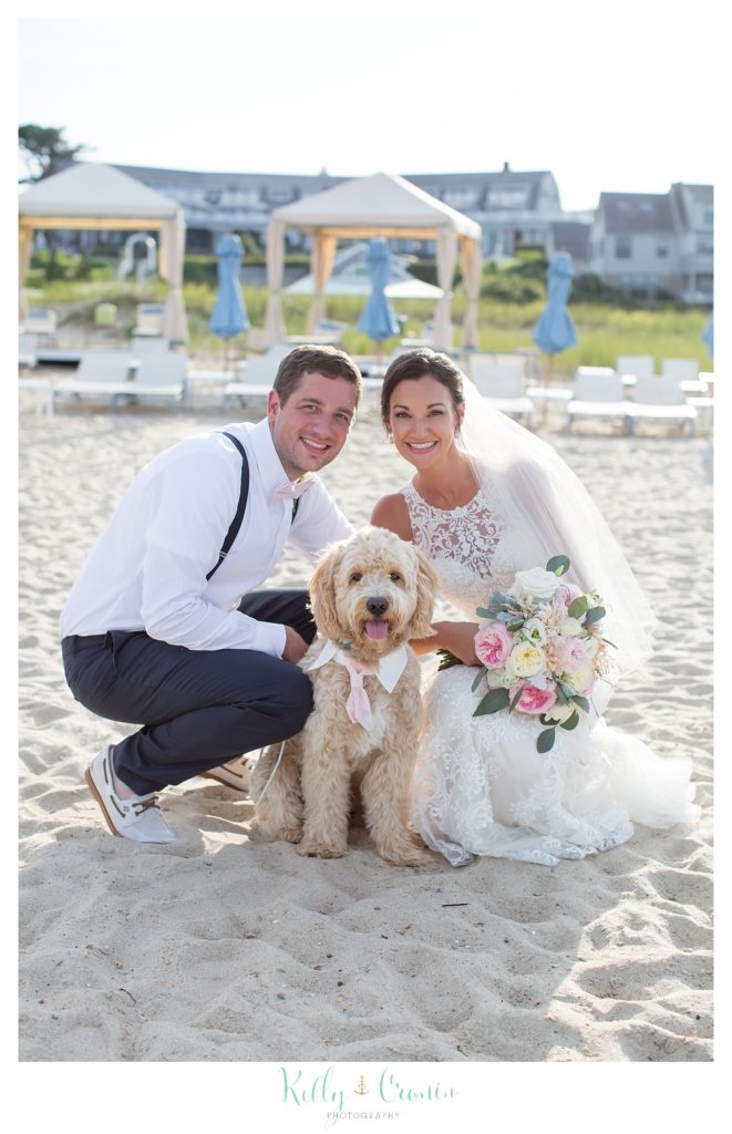 A bride and groom kneel to sit with their puppy. 